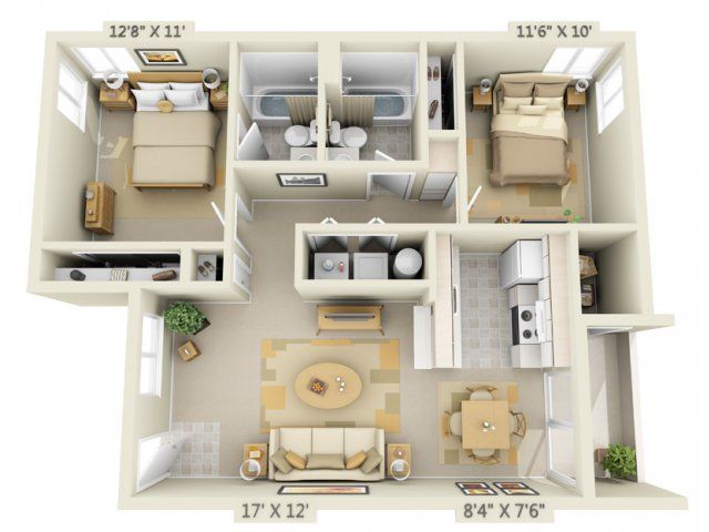 2 Bedroom One Bath Apartment